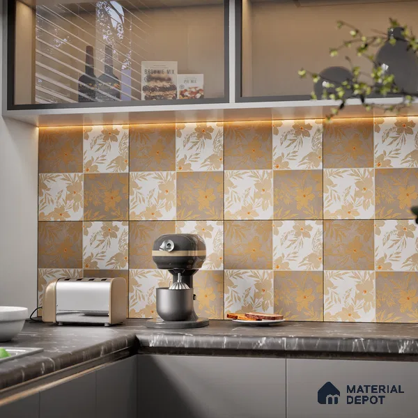 Floral Wall Tile TL 07250 Plana 8008 GLM (Gold) 1 ft x 1 ft Ceramic Matte Finish - 9 mm | 2 mm Spacer is Mandatory | Please Expect a Slight Variation of Pattern
